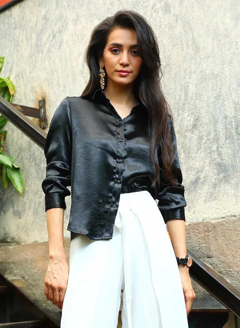 PINACOLADA  Women's Onyx Black Solid Satin Shirt for Women | Best Price UAE