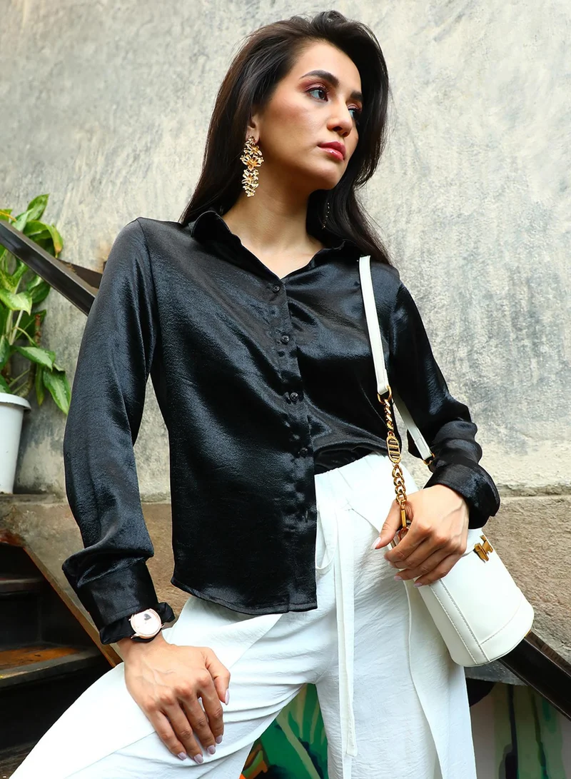 Women's Onyx Black Solid Satin Shirt
