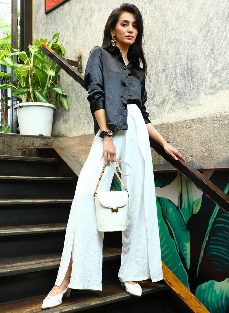 PINACOLADA  Women's Onyx Black Solid Satin Shirt for Women | Best Price UAE
