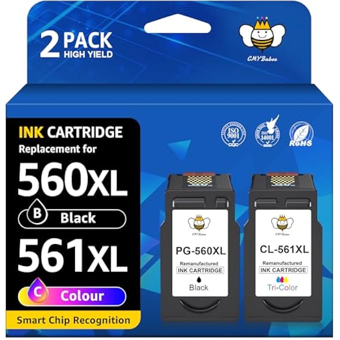 560 561 XL INK CARTRIDGES REPLACEMENT FOR CANON PG-560 CL-561 COMPATIBLE WITH CANON PIXMA TS5350I TS7450I TS5351I TS7451 TS5350 TS5350A TS5352 TS5300 SERIES (1 BLACK, 1 COLOUR, 2-PACK) - Image 1