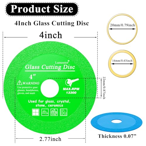 Lamoutor 6Pcs 4 Inch Glass Cutting Disc for Angle Grinder, Diamond Saw Blade, Tile Cutter Blade for Cutting Marble Glass Tile Jade Crystal（Green/Blue/Yellow/Black/Red/Orange） - Image 2