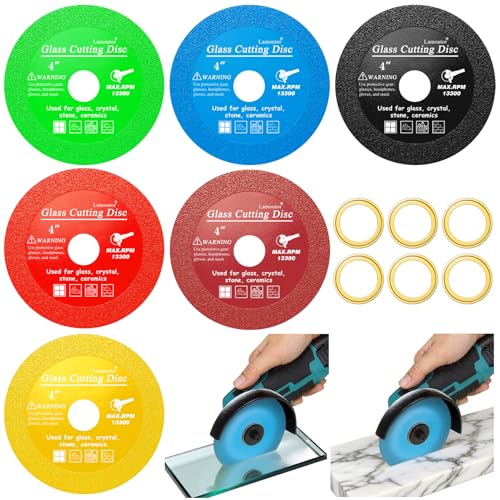 Lamoutor 6Pcs 4 Inch Glass Cutting Disc for Angle Grinder, Diamond Saw Blade, Tile Cutter Blade for Cutting Marble Glass Tile Jade Crystal（Green/Blue/Yellow/Black/Red/Orange） - Image 1