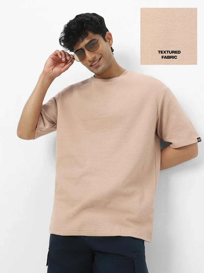 Urbano Fashion Men's Ginger Root Textured Round Neck Oversized Half Sleeve Cotton T-Shirt