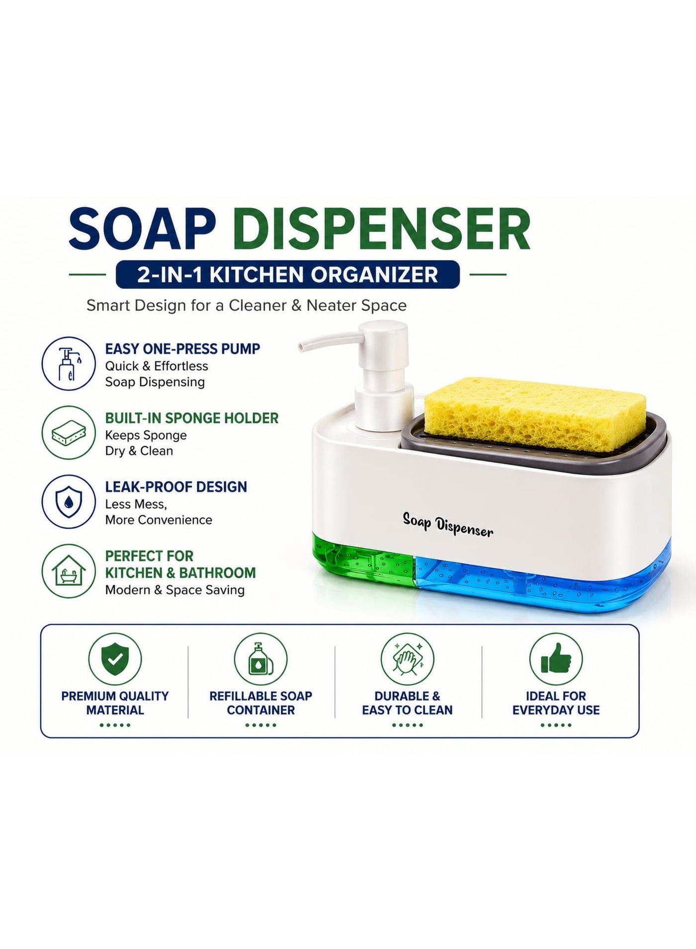 Hand and Dish Soap Dispenser Set for Kitchen, Dual Soap Dispenser with Sponge Holder, 3-in-1 Countertop Soap Pump Dispenser for Kitchen Sink, Useful Kitchen Gadgets - White