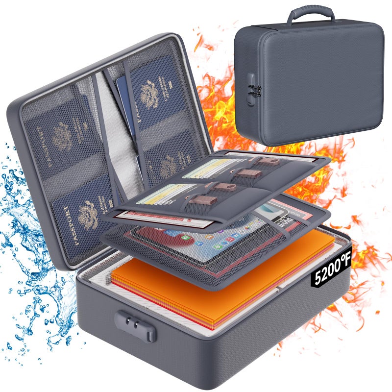 DocSafe 5200Â°F Document Organizer with Lock,Upgraded Heat Insulated Fireproofï¼†Waterproof Box 8 Layers File Organizer,Portable Home Travel Safe Storage for Important Documents, Files,Gray (Soft) - Image 1