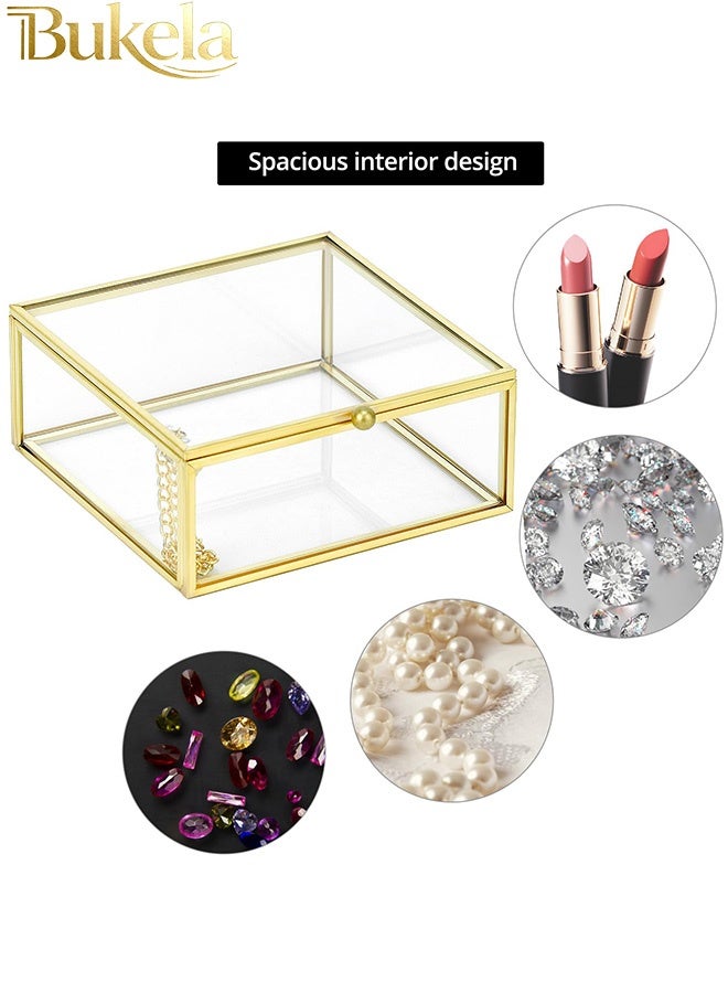 Bukela Golden Vintage Decorative Box, Jewellery Storage Organiser, Transparent Rectangular Box, 15x 15x 5 cm, for Jewellery Organiser - Image 5