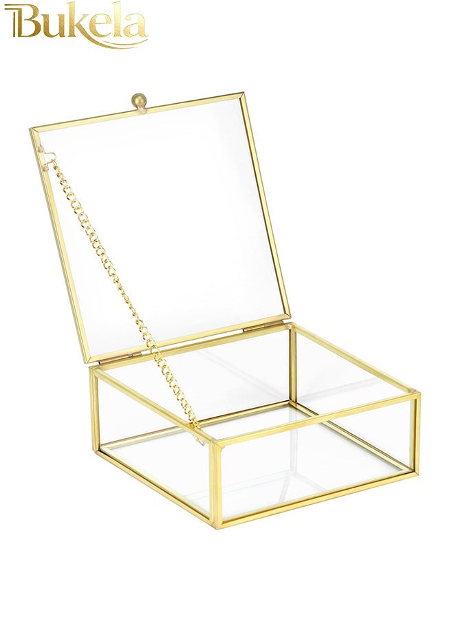 Bukela Golden Vintage Decorative Box, Jewellery Storage Organiser, Transparent Rectangular Box, 15x 15x 5 cm, for Jewellery Organiser - Image 1