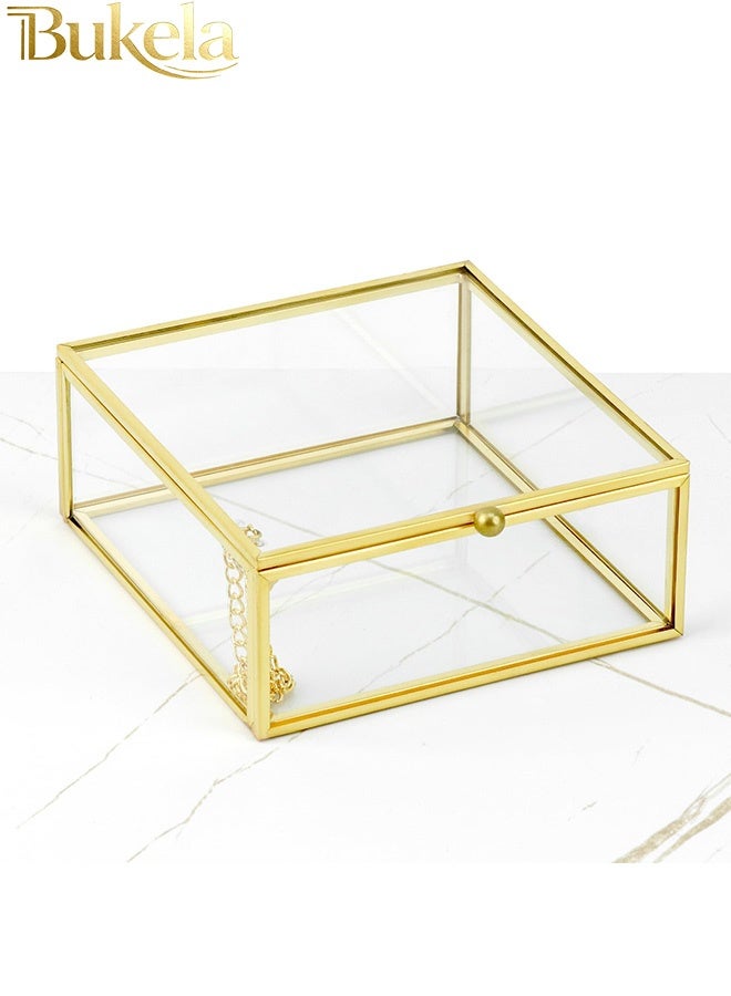 Bukela Golden Vintage Decorative Box, Jewellery Storage Organiser, Transparent Rectangular Box, 15x 15x 5 cm, for Jewellery Organiser - Image 2