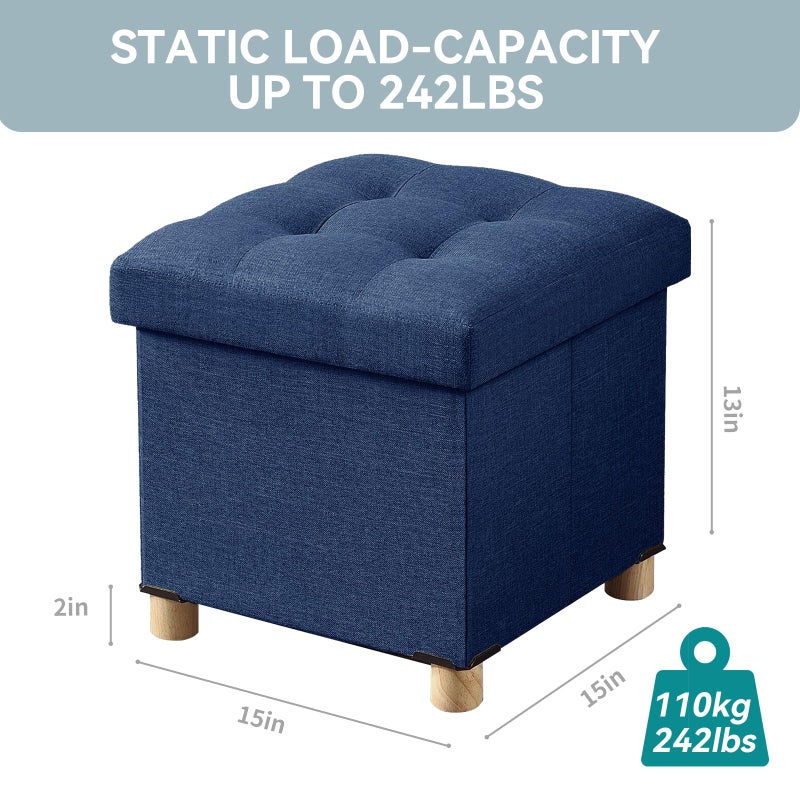 BRIAN & DANY Ottoman with Storage, Small Storage Ottoman for Dorm, Linen Folding Ottoman Foot Stool with Legs for Living Room and Bedroom, 15"x15"x15" - Blue - Image 2