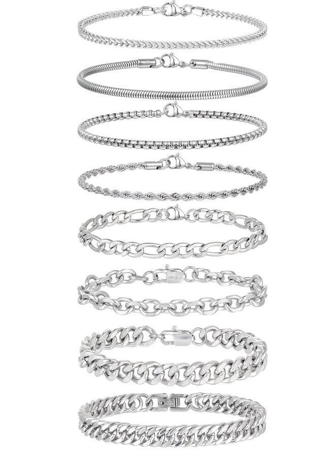 Tornito 8Pcs Chain Bracelet Stainless Steel Curb Width Rope Figaro Cuban Link Chain Bracelets Set for Men Women 9.0 Inches - Image 1