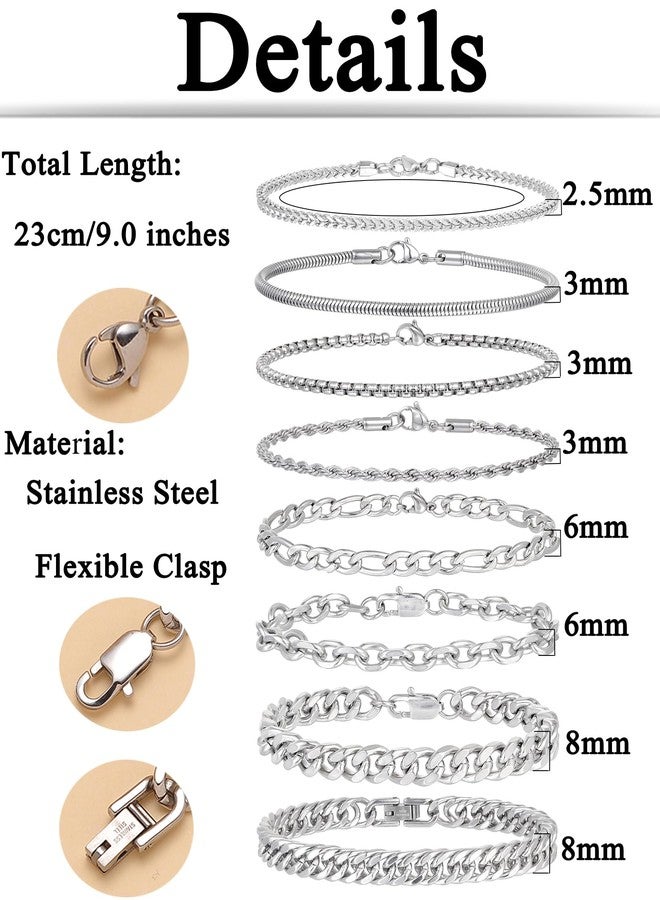 Tornito 8Pcs Chain Bracelet Stainless Steel Curb Width Rope Figaro Cuban Link Chain Bracelets Set for Men Women 9.0 Inches - Image 2