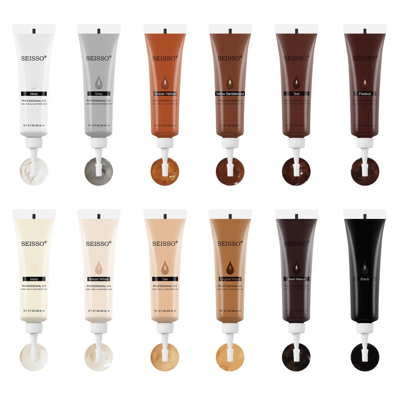 SEISSO Furniture Repair Kit 12 Colors Wood Touch up Paint Wood Stain Wood Filles Wood Paint Restore Any Wooden Floors Cabinet Tables Carpenters fix furniture Scratches Cracks Hole