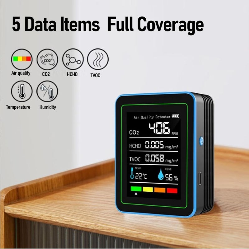 for CO2 HCHO TVOC Temperature and Humidity - 5 in 1 Air Quality Detector with Semiconductor Infrared and Electrochemical Sensors, Portable, Rechargeable 1200mAh Battery - Black (Black and Blue) - Image 4