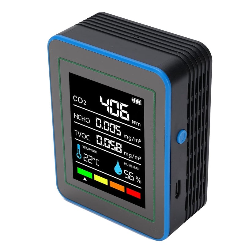 for CO2 HCHO TVOC Temperature and Humidity - 5 in 1 Air Quality Detector with Semiconductor Infrared and Electrochemical Sensors, Portable, Rechargeable 1200mAh Battery - Black (Black and Blue) - Image 2