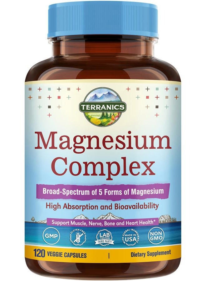Terranics 5-in-1 Magnesium Complex Supplement 500mg - 5 Forms High Absorption Magnesium Glycinate Citrate Malate Aspartate Gluconate - Non-GMO 120 Vegan Magnesio Capsule for Sleep Muscle Heart Health - Image 1