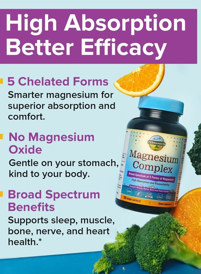 Terranics 5-in-1 Magnesium Complex Supplement 500mg - 5 Forms High Absorption Magnesium Glycinate Citrate Malate Aspartate Gluconate - Non-GMO 120 Vegan Magnesio Capsule for Sleep Muscle Heart Health - Image 3
