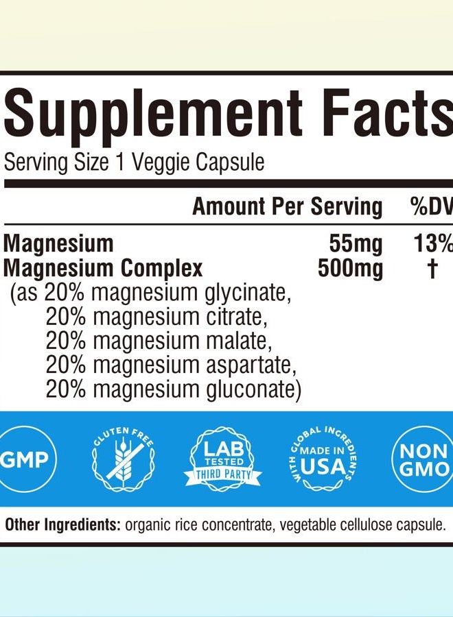 Terranics 5-in-1 Magnesium Complex Supplement 500mg - 5 Forms High Absorption Magnesium Glycinate Citrate Malate Aspartate Gluconate - Non-GMO 120 Vegan Magnesio Capsule for Sleep Muscle Heart Health - Image 2