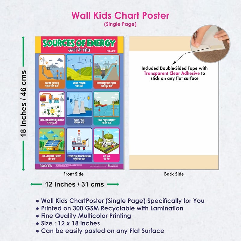 ESCAPER Sources of Energy Educational Charts (11.5 x 17.5 inches), 300 GSM Paper, Laminated, Self Adhesive Back, Kids Learning Posters, Perfect For Home Schooling, Nursery Students - Image 3
