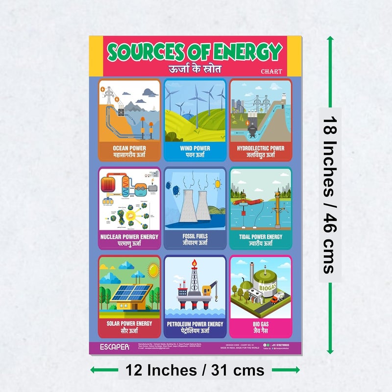 ESCAPER Sources of Energy Educational Charts (11.5 x 17.5 inches), 300 GSM Paper, Laminated, Self Adhesive Back, Kids Learning Posters, Perfect For Home Schooling, Nursery Students - Image 2