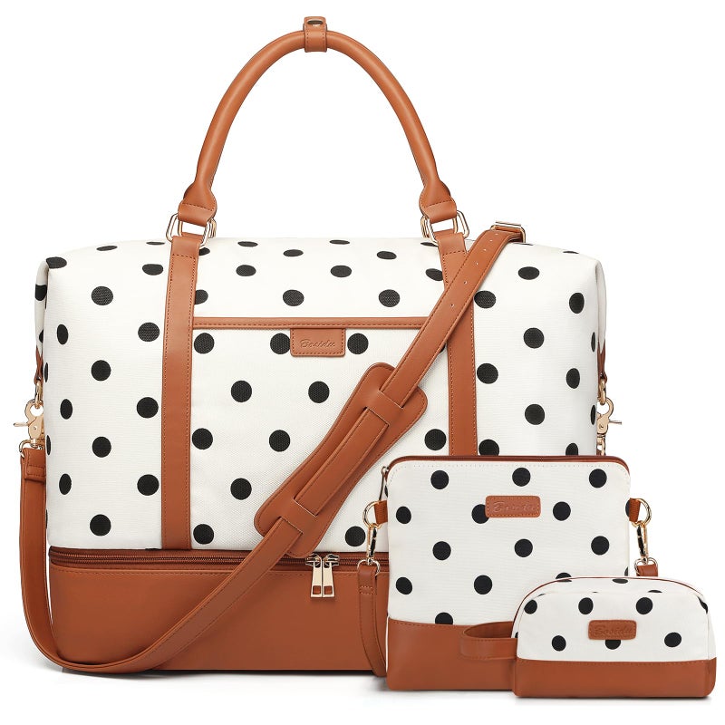 Bosidu 3Pcs Set Polka Dots Weekender Bags for Women Canvas Carry On Overnight Bag Travel Duffle Tote Bag for with Shoes Compartment, Brown - Image 1