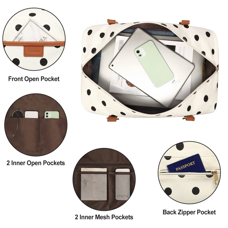 Bosidu 3Pcs Set Polka Dots Weekender Bags for Women Canvas Carry On Overnight Bag Travel Duffle Tote Bag for with Shoes Compartment, Brown - Image 4