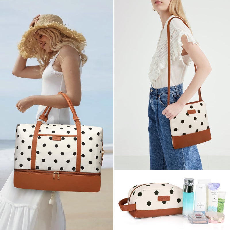 Bosidu 3Pcs Set Polka Dots Weekender Bags for Women Canvas Carry On Overnight Bag Travel Duffle Tote Bag for with Shoes Compartment, Brown - Image 2