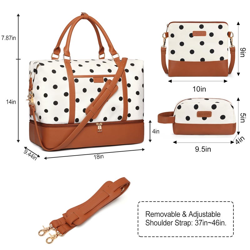 Bosidu 3Pcs Set Polka Dots Weekender Bags for Women Canvas Carry On Overnight Bag Travel Duffle Tote Bag for with Shoes Compartment, Brown - Image 5