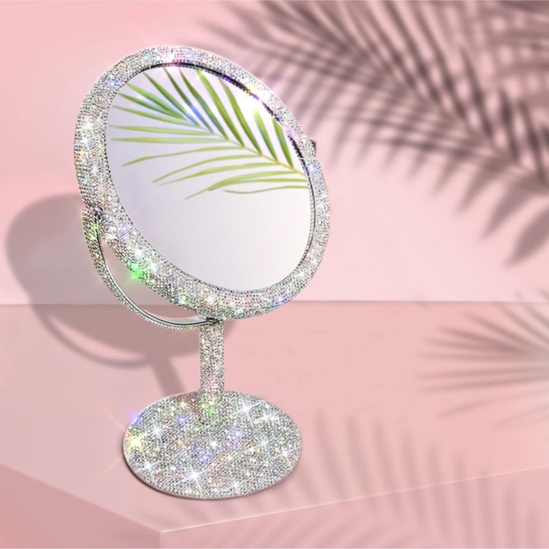 TISHAA Bling Makeup Vanity Mirror  Luxury Stand Double Sided Mirror Crystal Rhinestone Portable Desk Bathroom Bedroom 2X Magnification
