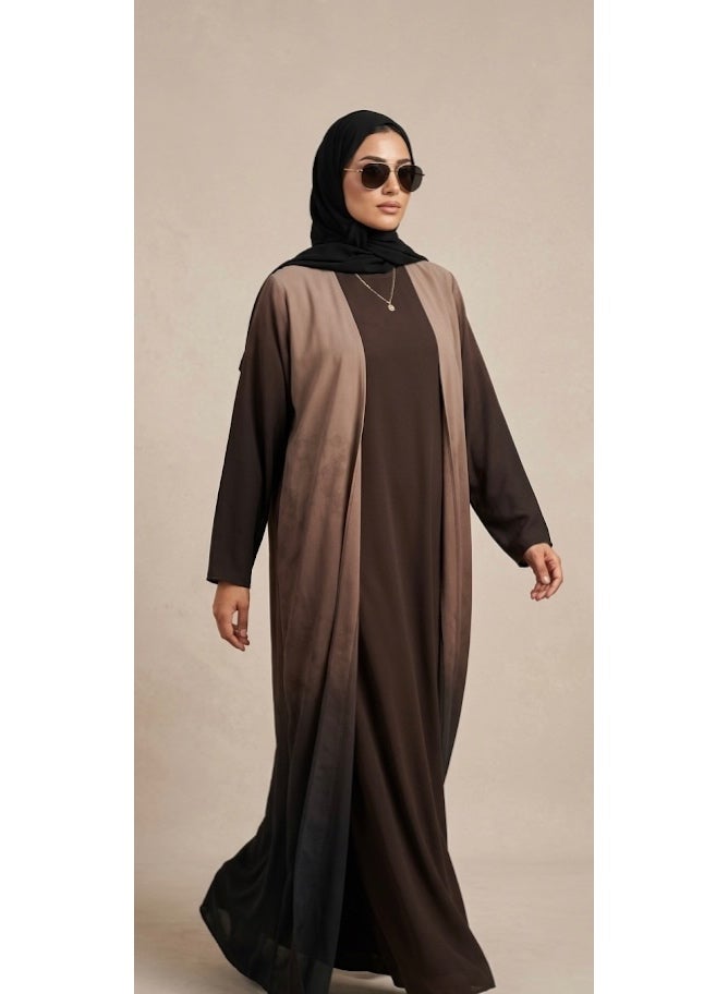 طقم عباءة أومبري من قطعتين مع سترة مفتوحة من الأمام - بني ترابي وأسود - Image 2
