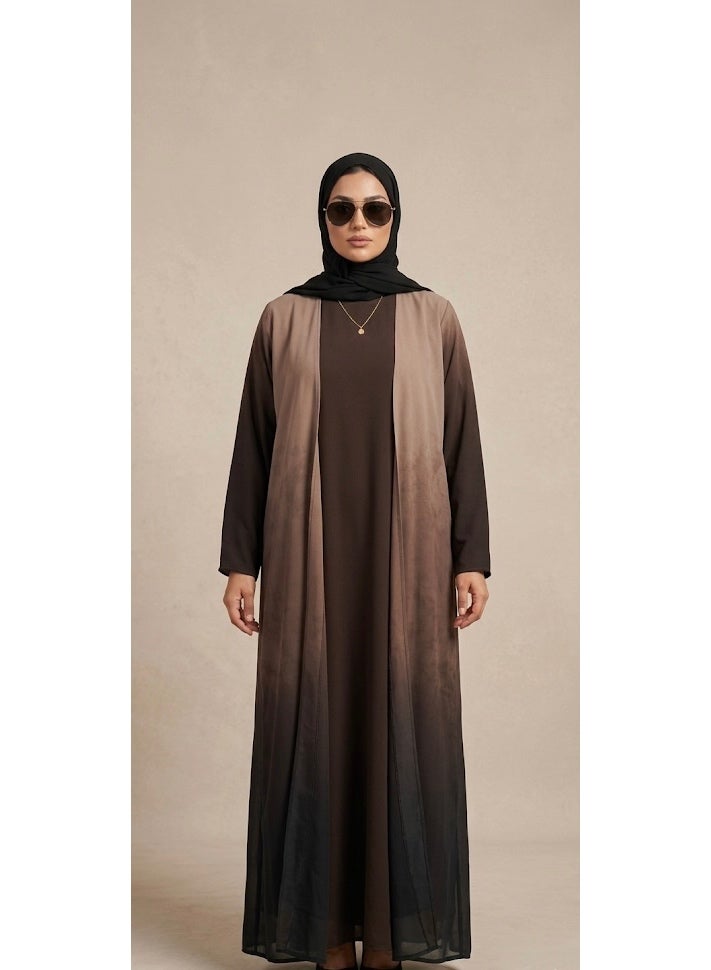 طقم عباءة أومبري من قطعتين مع سترة مفتوحة من الأمام - بني ترابي وأسود - Image 1