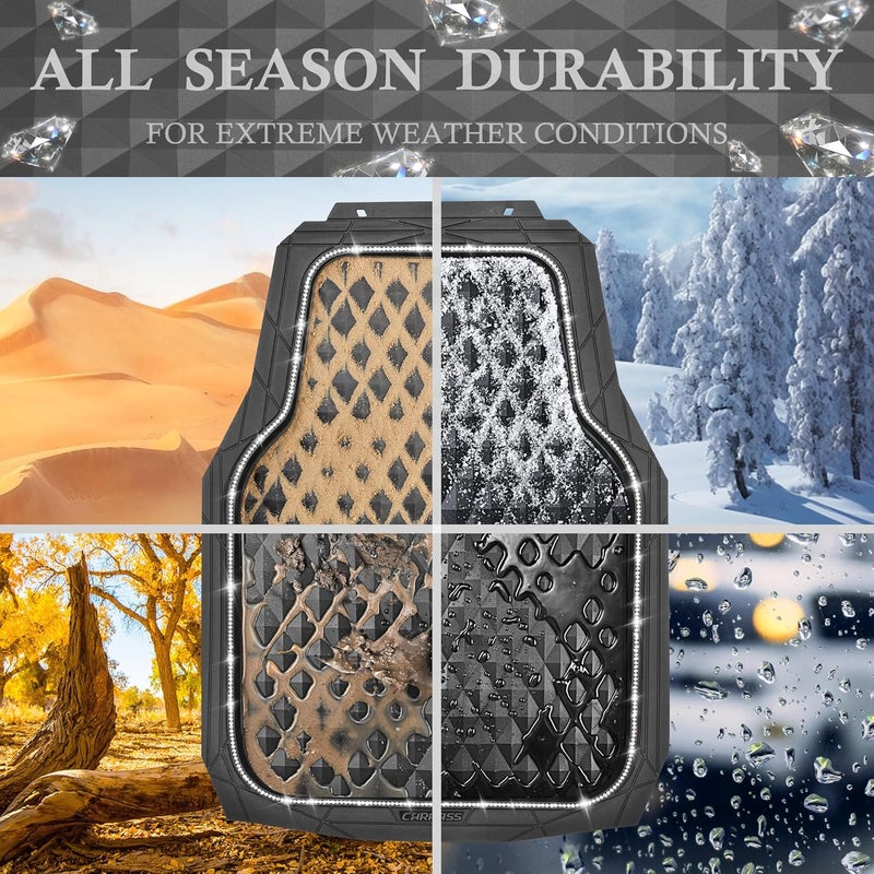 CAR PASS Bling Diamond Black Rubber Car Mats - Heavy Duty All-Weather Floor Mat Set - Image 4