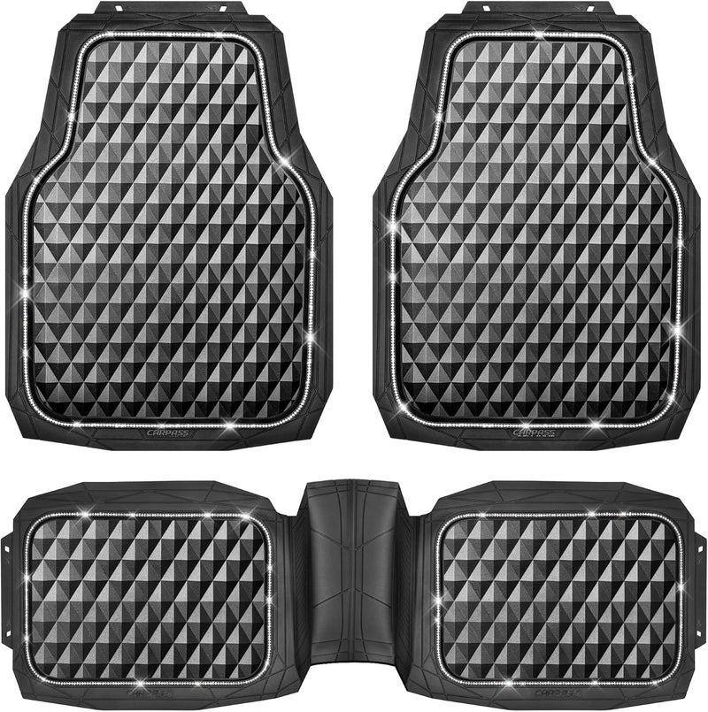 CAR PASS Bling Diamond Black Rubber Car Mats - Heavy Duty All-Weather Floor Mat Set - Image 1