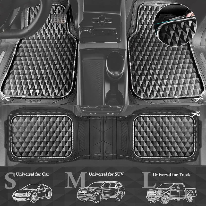 CAR PASS Bling Diamond Black Rubber Car Mats - Heavy Duty All-Weather Floor Mat Set - Image 5