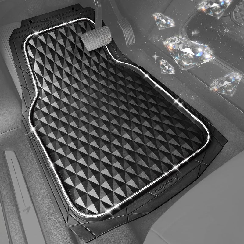 CAR PASS Bling Diamond Black Rubber Car Mats - Heavy Duty All-Weather Floor Mat Set - Image 2