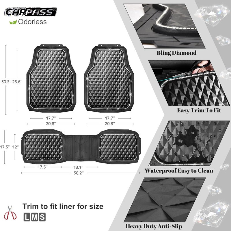 CAR PASS Bling Diamond Black Rubber Car Mats - Heavy Duty All-Weather Floor Mat Set - Image 3