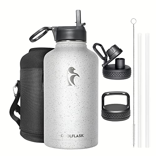 Coolflask Half Gallon Water Bottle Insulated with Straw&3 Lids, Coolflask 64 oz Water Jug Galaxy Large Metal Stainless Steel flask for Gym, Sports and Office, Keep Cold 48H Hot 24H, Arctic White - Image 1
