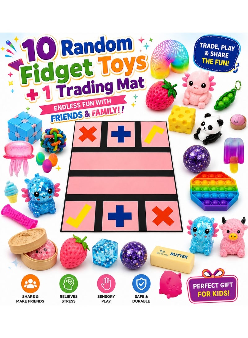 10 Random Fidget Toys with Trading Mat | Sensory Toy Set | Mystery Fidget Pack | Kids Party Game | Stress Relief Gift | A4 Laminated Mat - Image 1