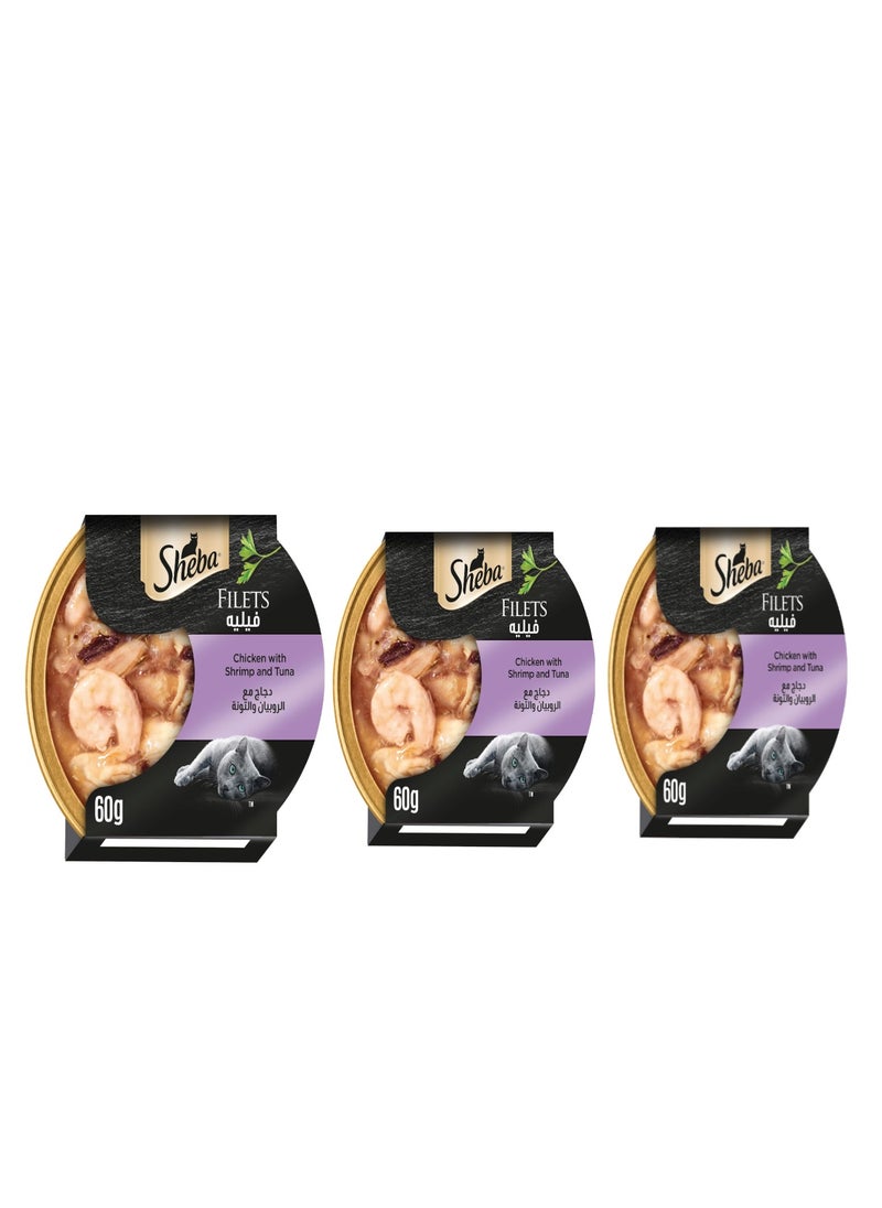 Sheba Cat Food Chicken with Shrimp & Tuna Filets, from Natural Chicken Breast, this Sheba Wet Food is made for Reliable Consumption, Enriched with the Necessary Nutritional Requirements, Dome 60g pack of 3 