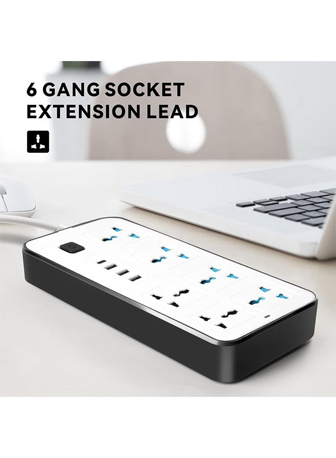 جي كي كي شريط طاقة كهربائي، سلك تمديد عالمي مع 6 مقابس طاقة و3 فتحات USB، شريط طاقة 2 متر 6 اتجاهات مع فتحة شحن USB من النوع C PD وصلة تمديد 2 متر - Image 4