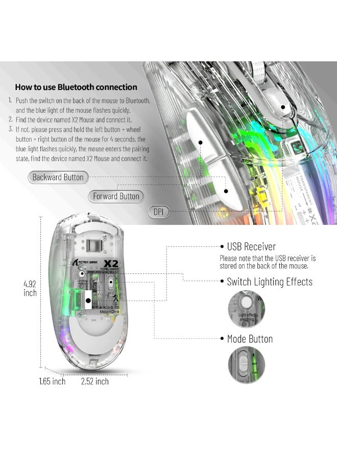 هجوم القرش ماوس ألعاب لاسلكي ثلاثي الأوضاع X2، 2.4 جيجاهرتز/بلوتوث 5.0/USB C سلكي، فأرة ألعاب كمبيوتر مريحة مع غلاف شفاف، PixArt 3212، إضاءة خلفية RGB - نقرة صامتة لنظامي التشغيل Windows وMAC - Image 2