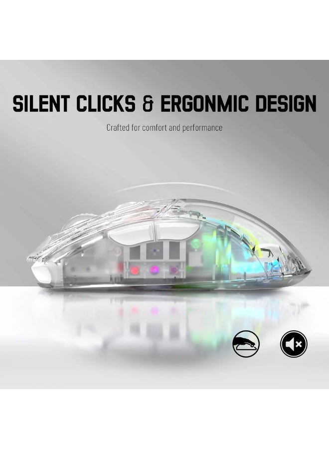 هجوم القرش ماوس ألعاب لاسلكي ثلاثي الأوضاع X2، 2.4 جيجاهرتز/بلوتوث 5.0/USB C سلكي، فأرة ألعاب كمبيوتر مريحة مع غلاف شفاف، PixArt 3212، إضاءة خلفية RGB - نقرة صامتة لنظامي التشغيل Windows وMAC - Image 3