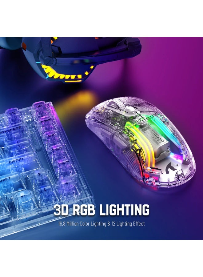 هجوم القرش ماوس ألعاب لاسلكي ثلاثي الأوضاع X2، 2.4 جيجاهرتز/بلوتوث 5.0/USB C سلكي، فأرة ألعاب كمبيوتر مريحة مع غلاف شفاف، PixArt 3212، إضاءة خلفية RGB - نقرة صامتة لنظامي التشغيل Windows وMAC - Image 4
