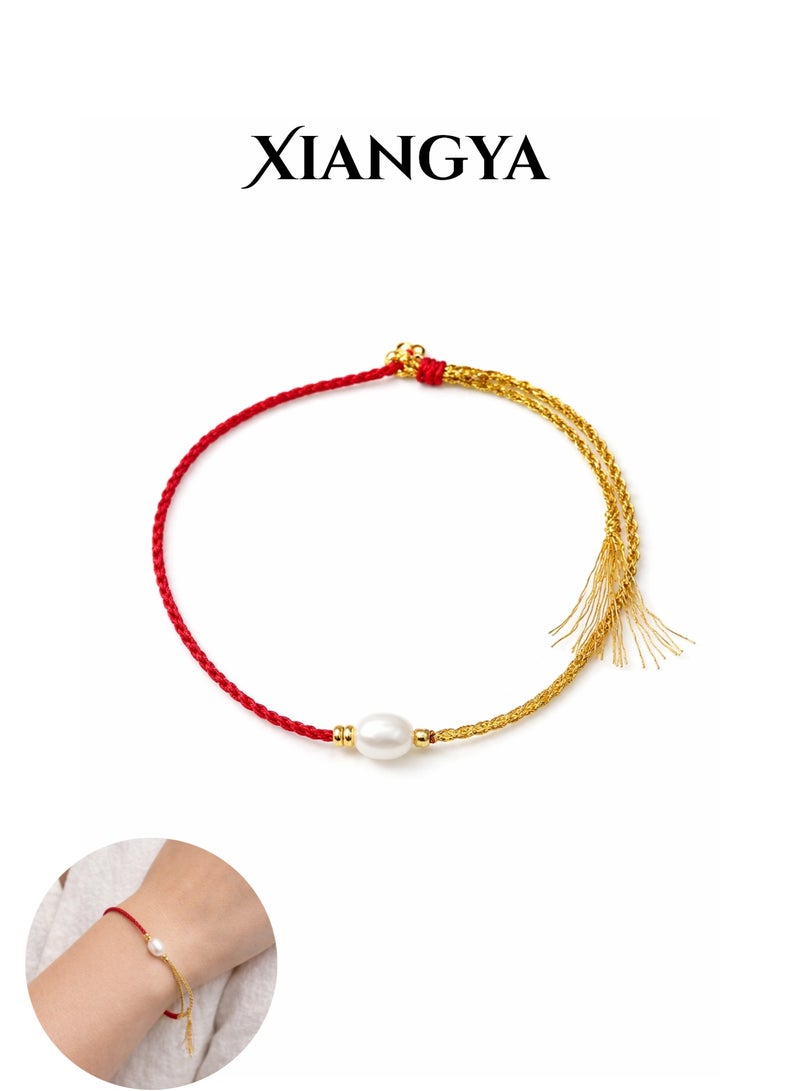 XIANGYA Pearl Red String Bracelet for Women, Gold Beaded Adjustable Lucky Bracelet, Elegant Handmade Jewelry Gift for Ladies - Image 1