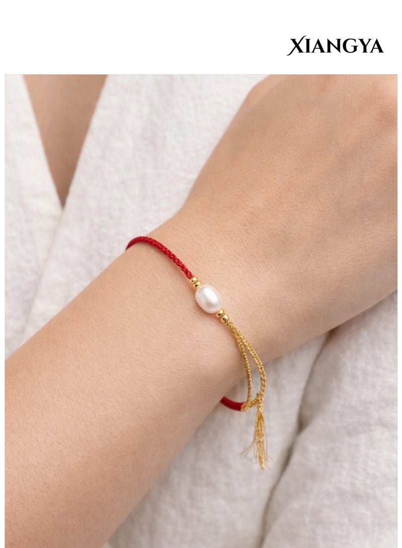 XIANGYA Pearl Red String Bracelet for Women, Gold Beaded Adjustable Lucky Bracelet, Elegant Handmade Jewelry Gift for Ladies - Image 2