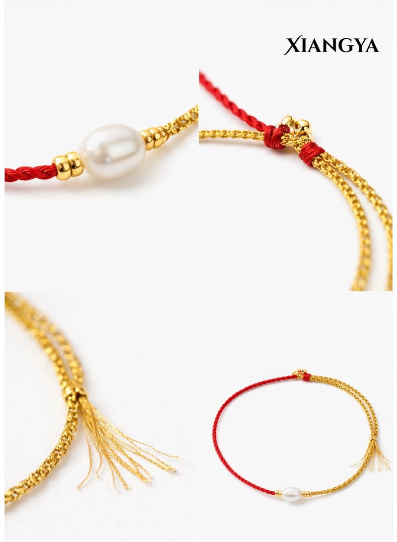 XIANGYA Pearl Red String Bracelet for Women, Gold Beaded Adjustable Lucky Bracelet, Elegant Handmade Jewelry Gift for Ladies - Image 4