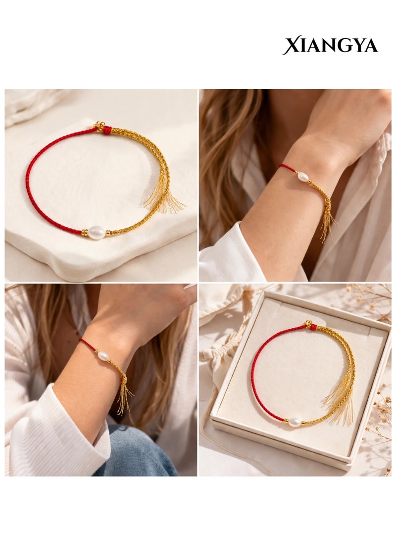 XIANGYA Pearl Red String Bracelet for Women, Gold Beaded Adjustable Lucky Bracelet, Elegant Handmade Jewelry Gift for Ladies - Image 3
