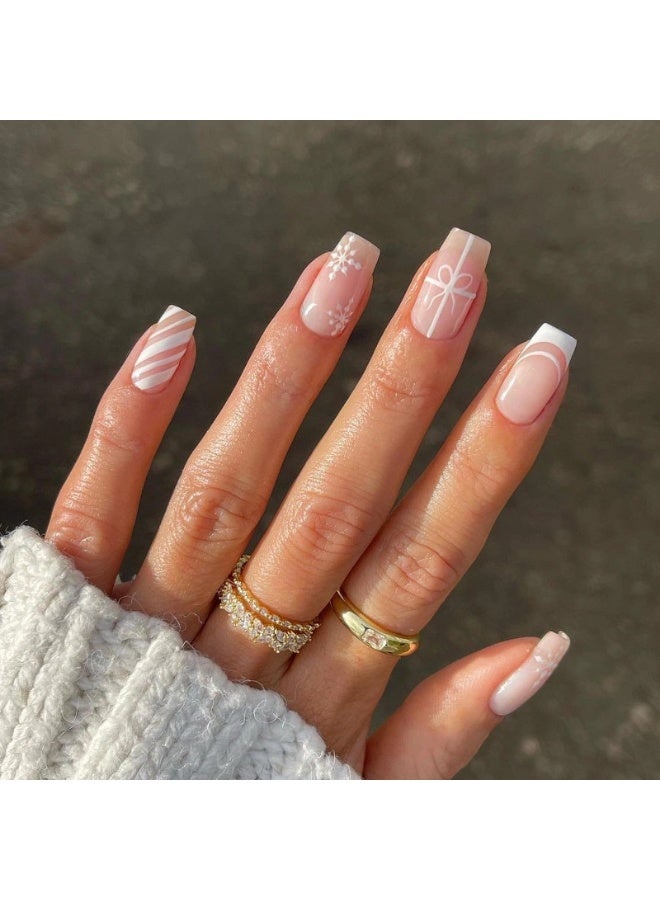 Orange Life Christmas Gift Style French Press On Nails with White Lines & Snowflake Patterns Glossy Finish Natural Fit Eco-Friendly ABS Material One-Minute Salon Result Reusable Nail Art Set - Image 1