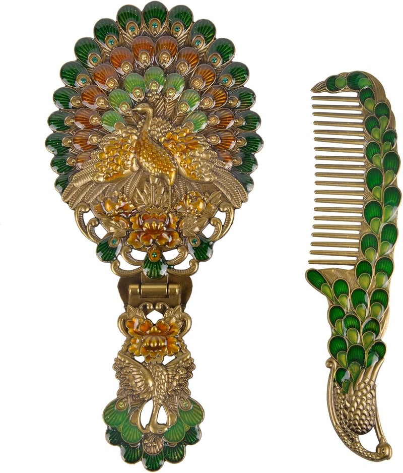 Nerien Vintage Antique Peacock Handheld Vanity Mirror with Comb, Metal Decorative Tabletop Stand, Travel Folding Handle Gift for Women, Bronze
