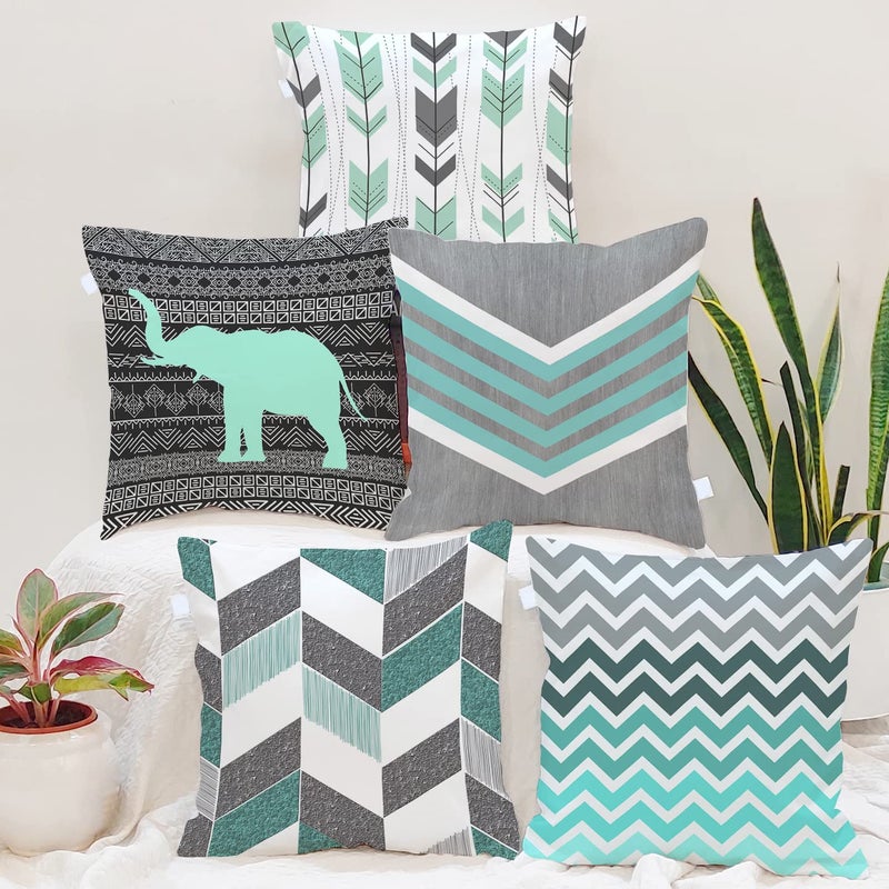 BRICK HOME Set of 5 Jute Printed Cushion Covers 16x16 Inch | Geometric Chevron & Elephant Tribal Design | Mint Green, Grey, Black & White | Soft Decorative Pillow Covers for Sofa, Couch & Living Room - Image 5