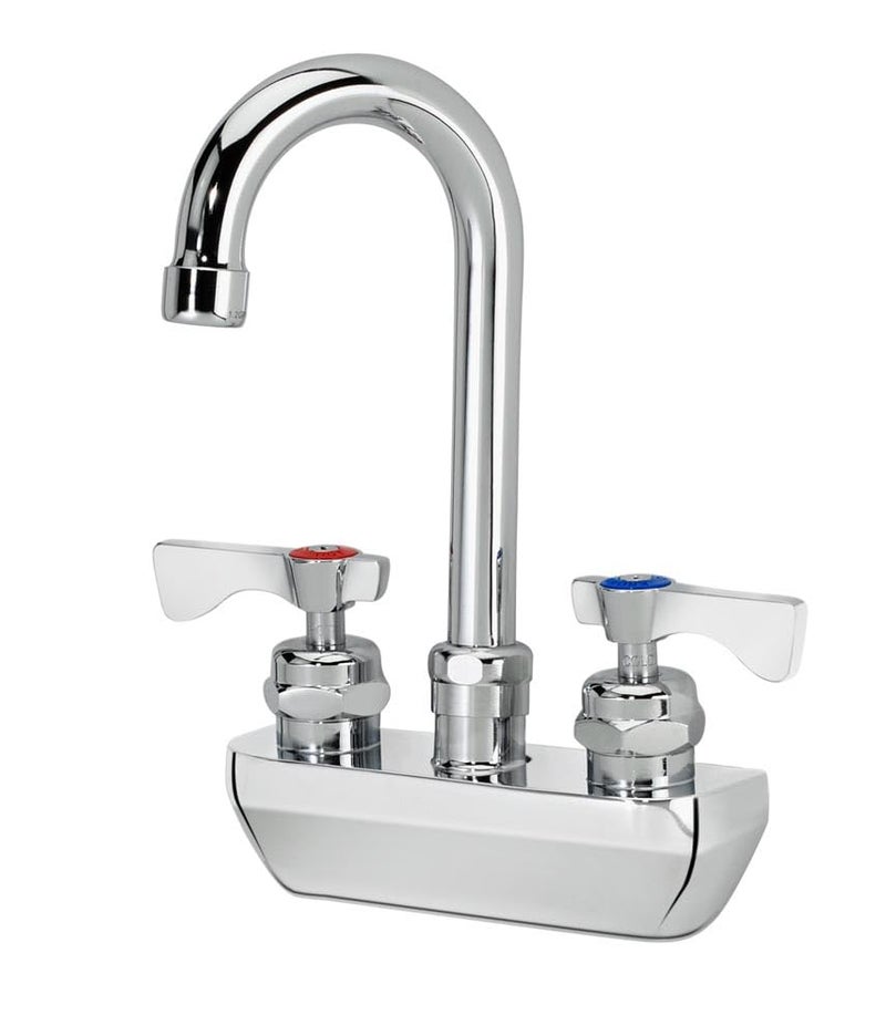 Krowne 14400L Krowne Royal Series Faucet SplashMounted 4 Centers 312 gooseneck spout QuarterTurn Ceramic Cartridge Valve with Builtin Back Flow preventers Includes mounting kit